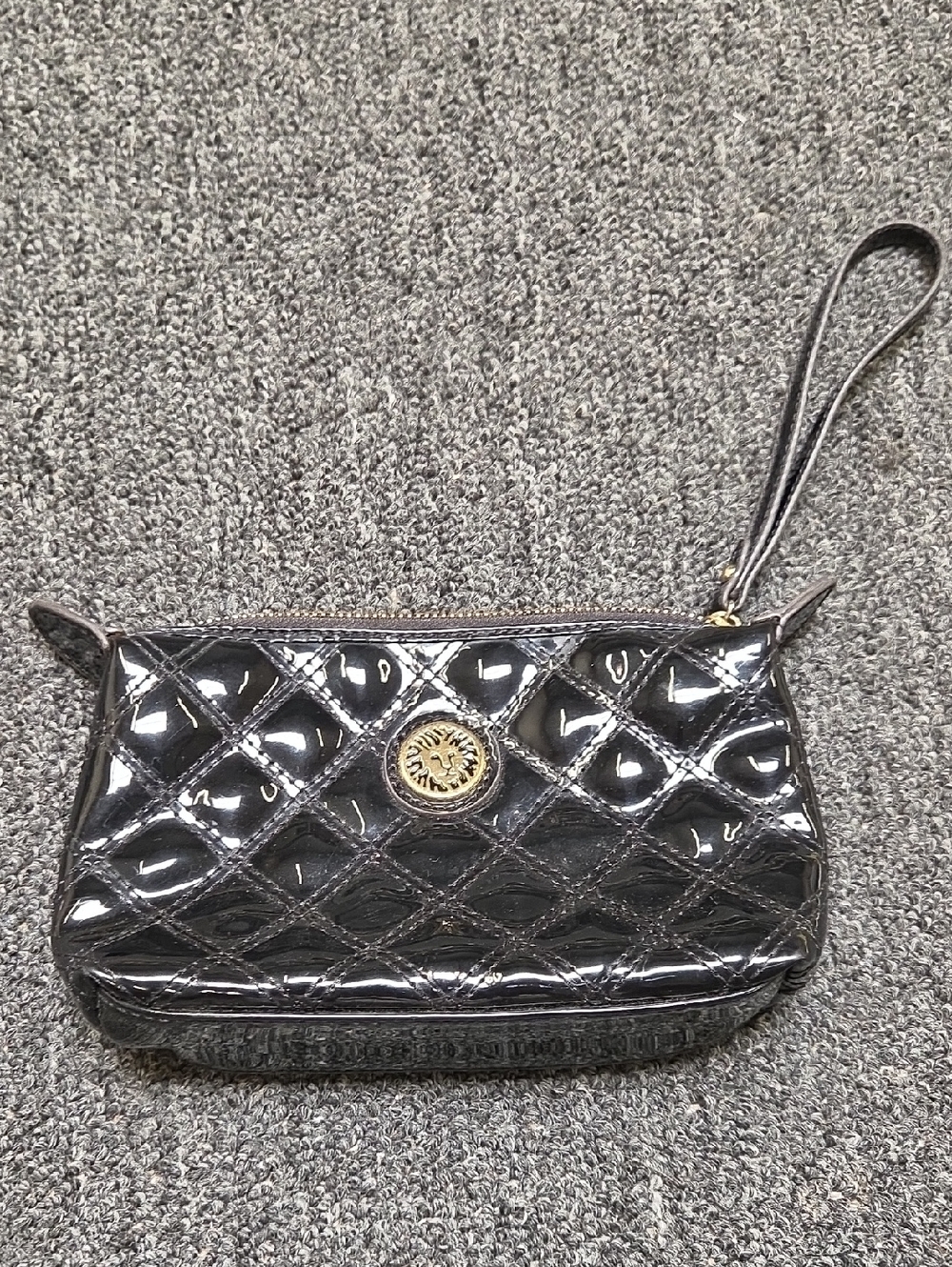 Anne Klein Black Quilted Patent Wristlet Clutch with Gold Accent